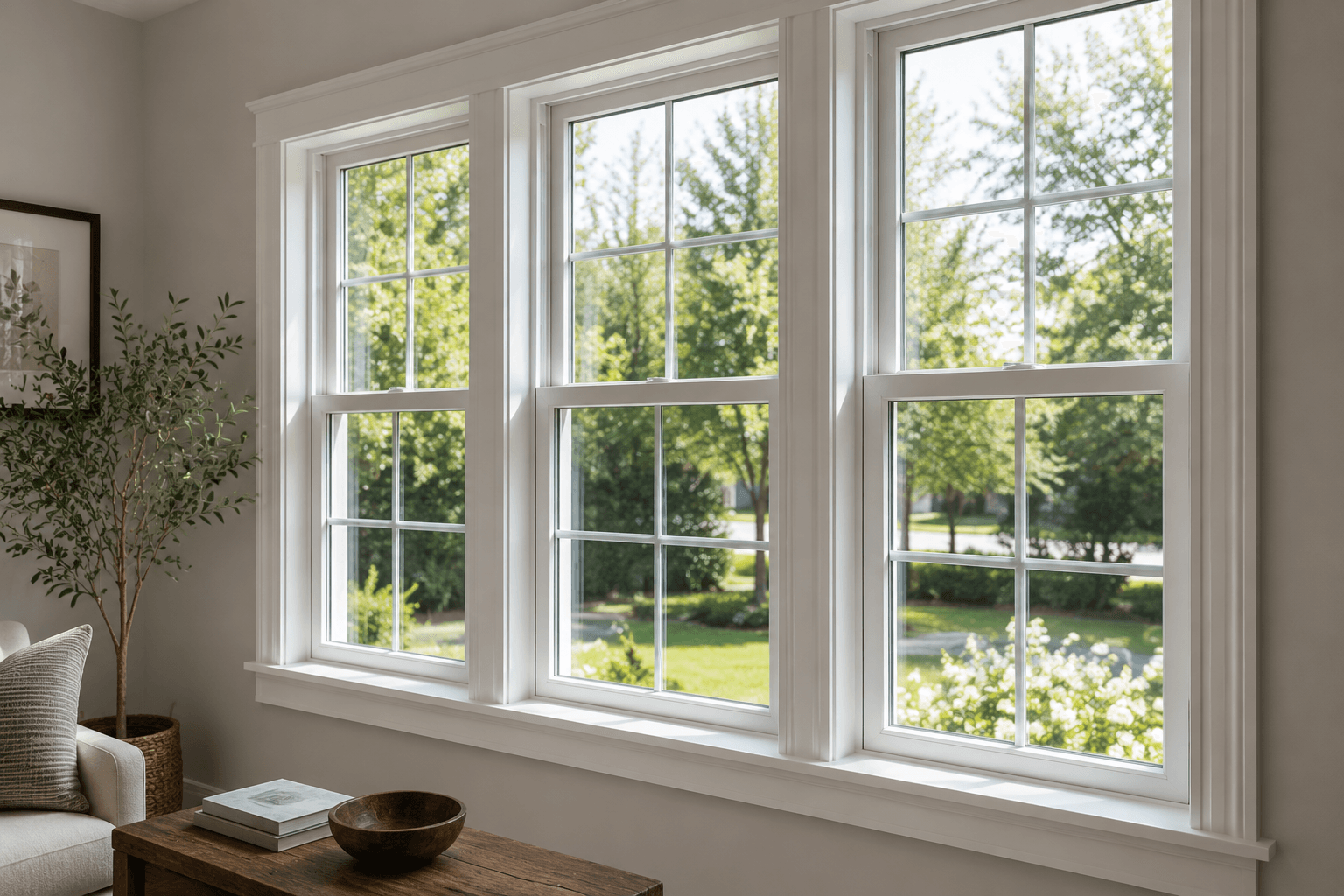 Residential replacement windows on a suburban home